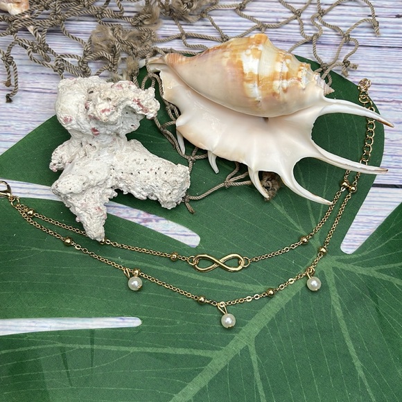 Infinity Pearl Layered Chain 14k Gold Tone Anklet Beach Chic - Picture 6 of 11